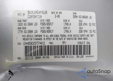 2005 Dodge Durango Limited из США, поврежденный, VIN 1D4HB58D25F574012